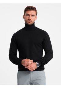 Ombre Clothing - Męski dzianinowy dopasowany golf z wiskozą - czarny V1 OM-SWTN-0101 - XXL. Typ kołnierza: golf. Kolor: czarny. Materiał: wiskoza, dzianina