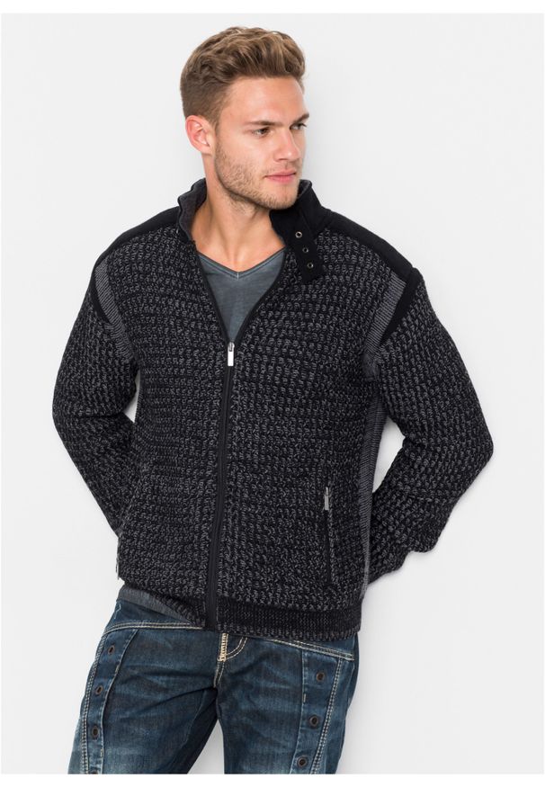 bonprix - Sweter rozpinany w strukturalny wzór. Kolor: czarny. Materiał: dzianina. Wzór: ze splotem