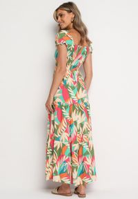 Born2be - Zielona Wiskozowa Sukienka w Kwiaty z Wiązaniem przy Dekolcie i Falbanką Meviera. Okazja: na randkę, na spacer, na co dzień. Kolor: zielony. Materiał: wiskoza. Wzór: kwiaty. Sezon: lato. Styl: casual #4