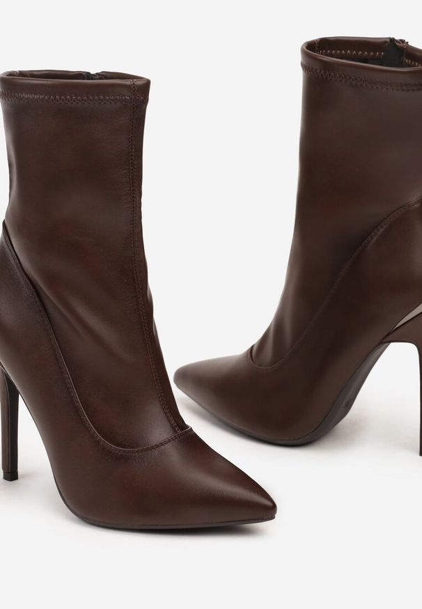 Renee - Brązowe Botki na Szpilce z Metaliczną Aplikacją Ivandra. Kolor: brązowy. Wzór: aplikacja. Obcas: na szpilce. Styl: elegancki