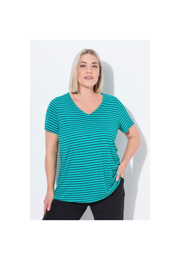 ULLA POPKEN - Damskie Koszulka funkcyjna prążkowanie klasyczny krój dekolt w serek rękaw 1/2. Typ kołnierza: dekolt w serek. Kolekcja: plus size. Kolor: niebieski. Materiał: poliester, materiał, wiskoza. Sport: turystyka piesza