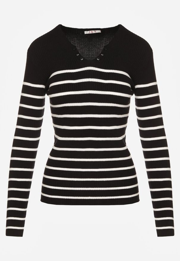 Renee - Czarna Bluzka z Bawełną z Motywem Pasków i Guzikami Serisse. Okazja: do pracy, na co dzień, na spotkanie biznesowe. Kolor: czarny. Materiał: bawełna. Wzór: paski. Styl: biznesowy, casual