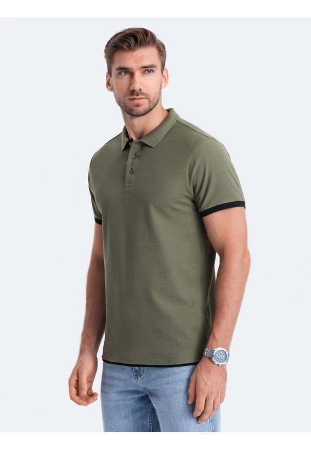 Ombre Clothing - Męska bawełniana koszulka polo z kontrastowymi wykończeniami – oliwkowa V6 - Rozmiar: M. Typ kołnierza: polo. Kolor: oliwkowy. Materiał: bawełna. Wzór: haft