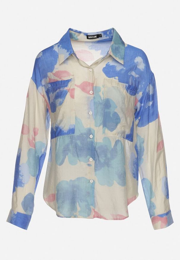 Born2be - Niebiesko-Beżowa Koszula o Luźnym Kroju Zapinana na Guziki Piasha. Okazja: na co dzień, na spotkanie biznesowe. Kolor: niebieski. Materiał: wiskoza, jeans. Wzór: kwiaty. Styl: biznesowy, casual, elegancki