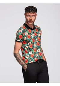 Ombre Clothing - Polo koszulka bawełniana z nadrukiem w kwiaty – czarna V2 - Rozmiar: XL. Okazja: na co dzień. Typ kołnierza: polo. Kolor: czarny. Materiał: bawełna. Wzór: nadruk, kwiaty. Sezon: lato. Styl: wakacyjny, casual, elegancki #6