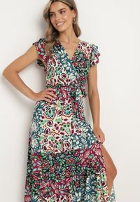 Born2be - Fioletowo-Niebieska Wiskozowa Sukienka z Gumką w Pasie i Materiałowym Paskiem w Talii Dimollia. Typ kołnierza: dekolt w kształcie V. Kolor: fioletowy. Materiał: materiał, wiskoza. Długość rękawa: krótki rękaw. Wzór: aplikacja. Sezon: lato. Styl: klasyczny, elegancki #6