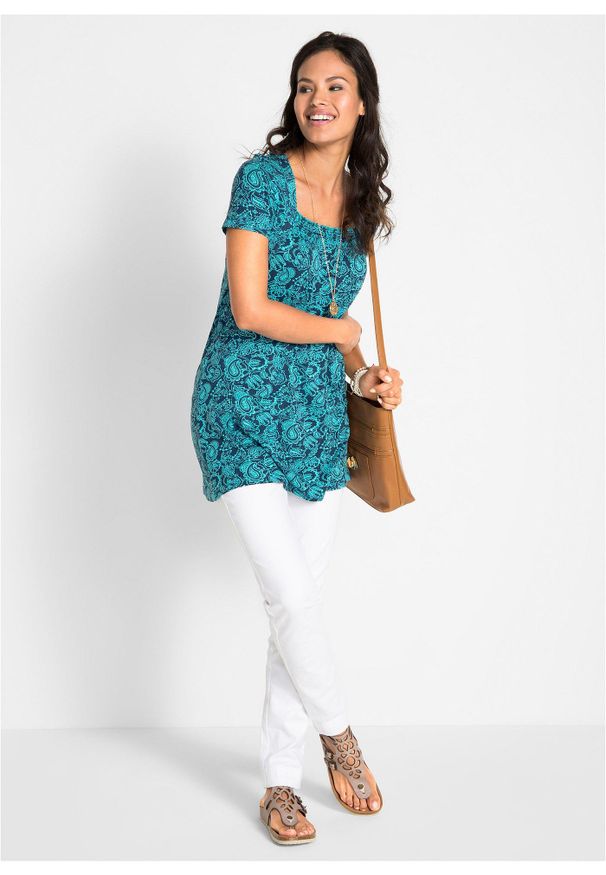 bonprix - Tunika shirtowa, krótki rękaw. Kolor: niebieski. Materiał: wiskoza. Długość rękawa: krótki rękaw. Długość: krótkie