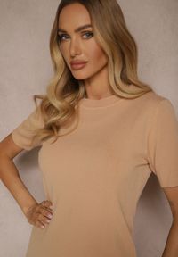 Renee - Ciemnobeżowy Sweter Ozdobiony Ściągaczami Sanallia. Okazja: na co dzień. Kolor: beżowy. Materiał: jeans. Wzór: aplikacja. Styl: klasyczny, elegancki, casual