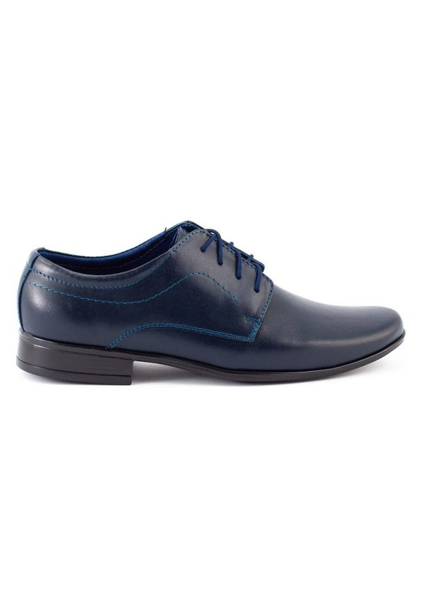 Lukas Buty dziecięce wizytowe komunijne J1 granatowe. Okazja: na komunię. Kolor: niebieski. Materiał: skóra, jeans, materiał. Styl: wizytowy