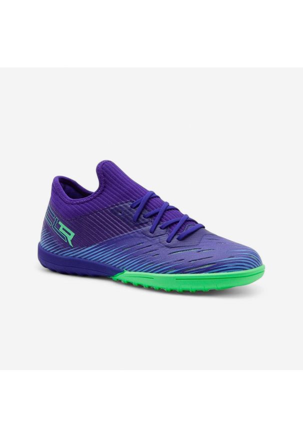 KIPSTA - Buty do piłki nożnej dla dzieci Kipsta CLR TURF TF sznurowane. Kolor: zielony, fioletowy, wielokolorowy. Materiał: kauczuk, syntetyk. Szerokość cholewki: normalna. Sport: piłka nożna