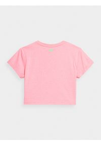 4F JUNIOR - T-shirt crop top z nadrukiem dziewczęcy. Kolor: różowy. Materiał: bawełna, dzianina. Wzór: nadruk