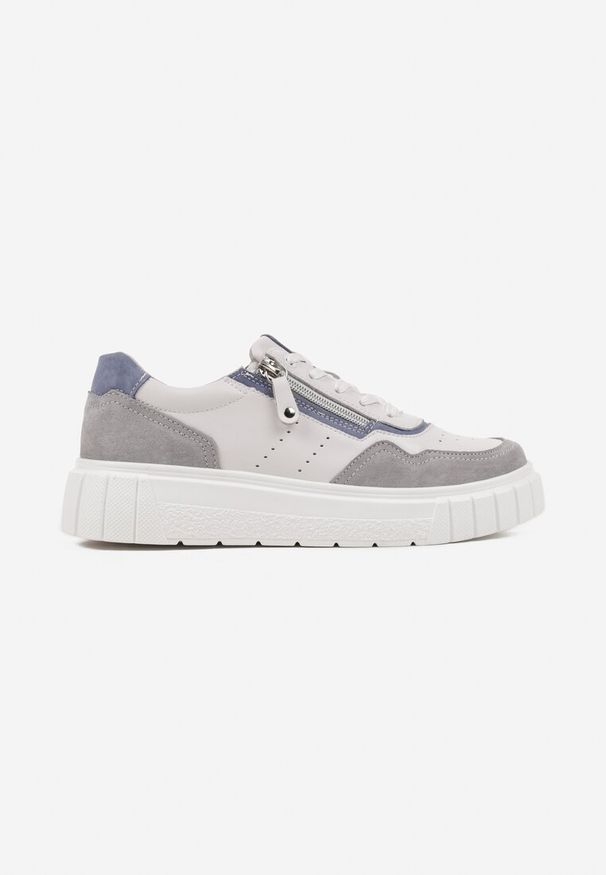 Born2be - Biało-Szare Skórzane Sneakersy w Streetwearowym Stylu Zdobione Suwakiem Elearessa. Okazja: na co dzień. Kolor: biały. Materiał: skóra. Wzór: aplikacja. Sezon: wiosna, jesień. Obcas: na platformie