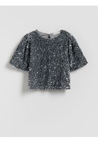 Reserved - Cekinowa bluzka - jasnoszary. Kolor: szary. Materiał: tkanina. Długość: krótkie #1