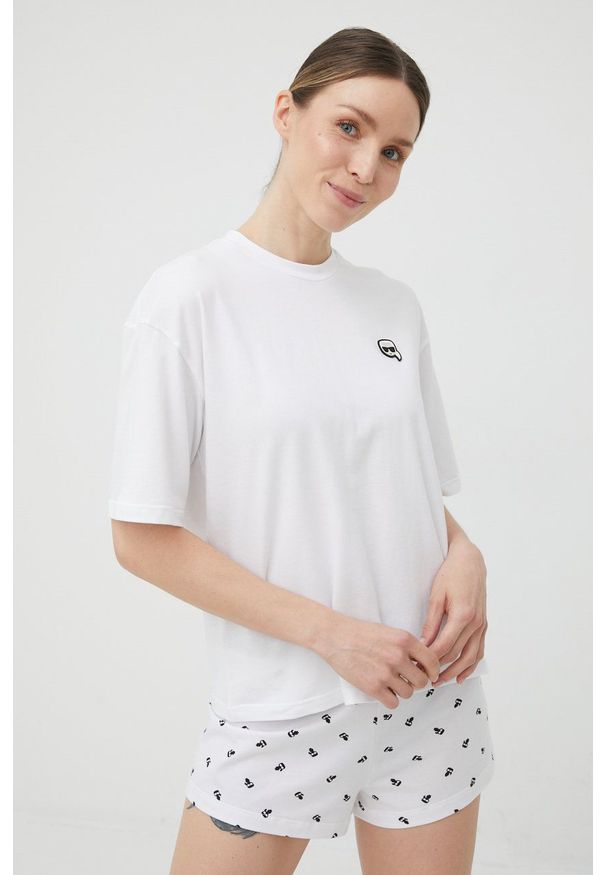 Karl Lagerfeld piżama 221W2115 damska kolor biały. Kolor: biały. Materiał: materiał, dzianina. Długość: krótkie. Wzór: aplikacja