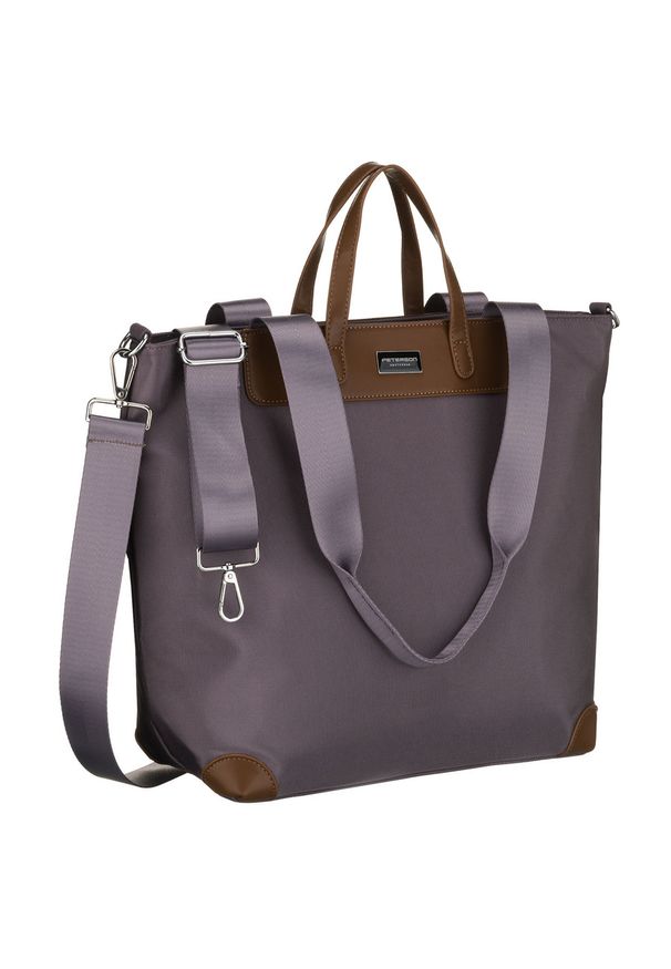 Duża shopperka damska w szarym kolorze, jednokomorowa, zawieszona na uchwytach i doczepianym pasku Peterson PTN CTY-16. Kolor: szary. Materiał: skórzane