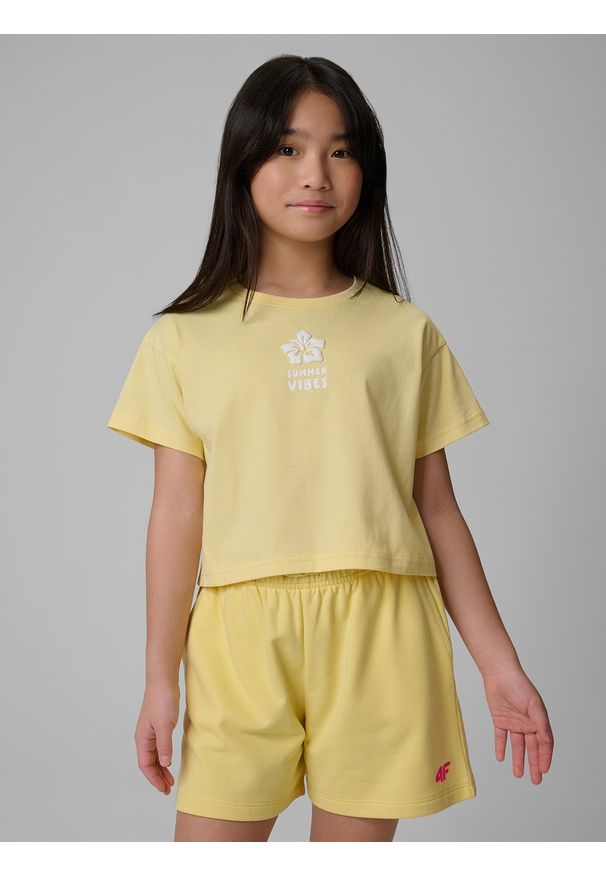 4f - 4F T-shirt regular z nadrukiem dziewczęcy - żółty 164 (13-14 lat). Okazja: na co dzień. Kolor: żółty. Materiał: dzianina, bawełna. Wzór: nadruk. Sezon: lato. Styl: casual
