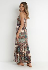 Born2be - Zielona Sukienka Kopertowa z Wiskozy w Patchworkowy Wzór Hickey. Kolor: zielony. Materiał: wiskoza. Długość rękawa: na ramiączkach. Wzór: aplikacja. Typ sukienki: kopertowe. Styl: boho. Długość: maxi #4