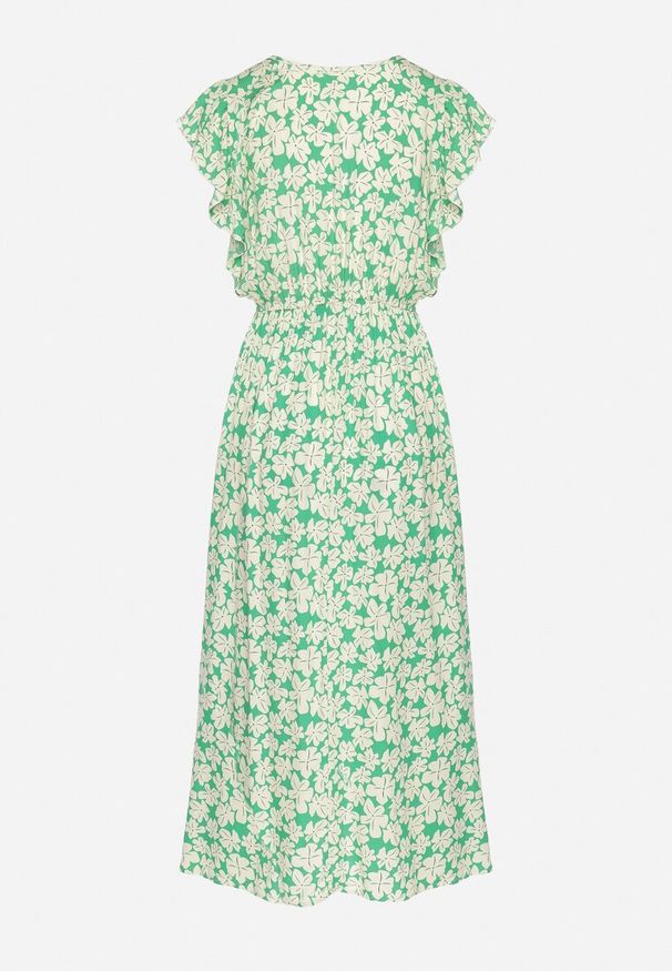 Born2be - Zielona Bawełniana Sukienka w Kwiatki o Rozkloszowanym Kroju z Gumką Alanilia. Okazja: na co dzień. Typ kołnierza: dekolt w kształcie V. Kolor: zielony. Wzór: kwiaty. Typ sukienki: rozkloszowane. Materiał: bawełna. Długość rękawa: krótki rękaw. Sezon: wiosna, lato. Styl: casual, elegancki