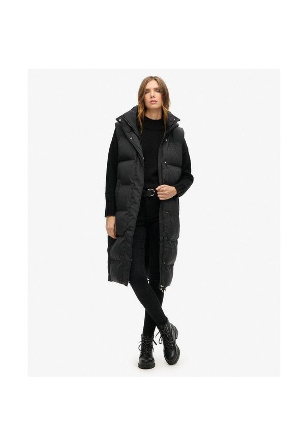 Superdry - Kamizelka pikowana z długim kapturem SUPERDRY.. Kolor: czarny. Długość rękawa: długi rękaw. Długość: długie. Styl: elegancki