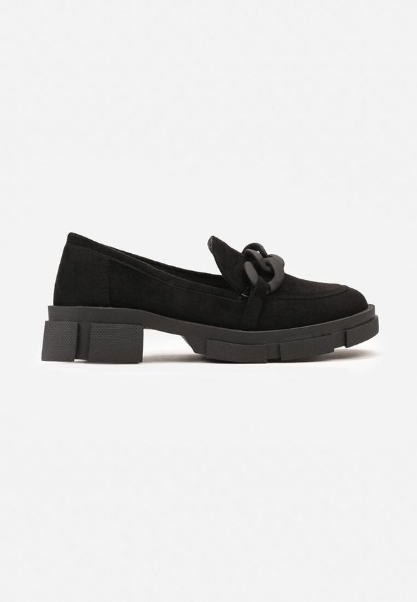 Born2be - Czarne Mokasyny ze Skórzaną Wkładką i Łańcuchem Cefette. Okazja: na co dzień. Kolor: czarny. Materiał: skóra. Styl: elegancki, casual, klasyczny