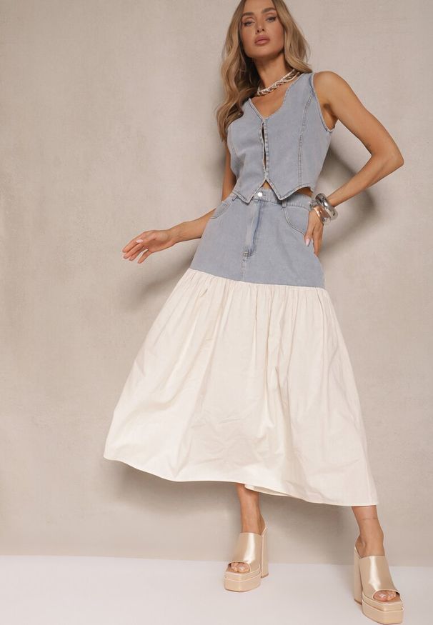 Renee - Jasnoniebieski Jeansowy Komplet z Wiskozy Kamizelka i Zwiewna Spódnica Calmoi. Kolor: niebieski. Materiał: wiskoza, jeans