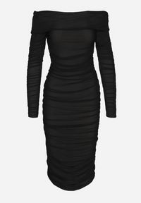 Born2be - Czarna Marszczona Sukienka Siateczkowa Hiszpanka z Wywiniętym Dekoltem Tinaveris. Typ kołnierza: dekolt hiszpanka. Kolor: czarny. Długość rękawa: długi rękaw. Sezon: lato. Styl: elegancki, klasyczny #6