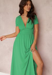 Renee - Zielona Sukienka Maxi z Rozkloszowanym Dołem i Rozcięciem Zarya. Kolor: zielony. Długość rękawa: krótki rękaw. Długość: maxi #4