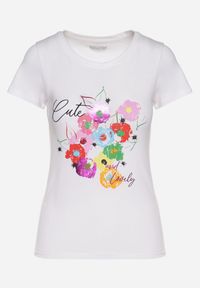 Born2be - Biało-Niebieski T-shirt z Bawełny z Ozdobnym Nadrukiem Zaromeira. Okazja: na co dzień. Kolor: biały. Materiał: bawełna. Wzór: nadruk. Styl: klasyczny, elegancki, casual #7