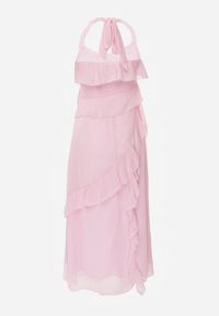 Renee - Różowa Elegancka Sukienka z Taliowaniem Wiązana na Plecach z Falbankami Ocyparia. Okazja: na imprezę. Typ kołnierza: kołnierz z falbankami. Kolor: różowy. Styl: elegancki #5