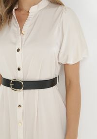 Born2be - Beżowa Koszulowa Sukienka Midi z Falbanką i Paskiem z Klamerką Cadyjane. Okazja: na co dzień. Kolor: beżowy. Materiał: skóra. Typ sukienki: koszulowe. Styl: casual. Długość: midi #5