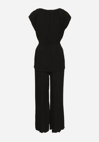 Born2be - Czarny Komplet Bluzka z Wiązanym Paskiem i Szerokie Spodnie Dolarea. Kolor: czarny. Wzór: aplikacja #5