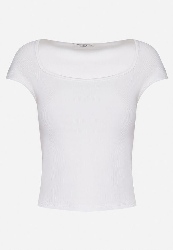 Born2be - Biały Dopasowany T-shirt z Wiskozą w Prążki z Kwadratowym Dekoltem Alannia. Okazja: na co dzień, na spotkanie biznesowe, do pracy. Typ kołnierza: dekolt kwadratowy. Kolor: biały. Materiał: wiskoza. Wzór: prążki. Styl: biznesowy, casual