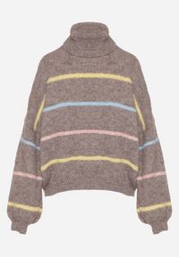 Born2be - Beżowy Golf z Wełną Ozdobiony Paskami Reisorria. Okazja: na spacer, na co dzień. Typ kołnierza: golf. Kolor: beżowy. Materiał: wełna. Wzór: aplikacja. Styl: casual #5