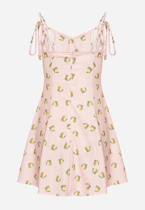 Born2be - Różowa Sukienka na Wiązanych Ramiączkach w Cytryny Efrunea. Kolor: różowy. Długość rękawa: na ramiączkach. Sezon: lato. Typ sukienki: rozkloszowane