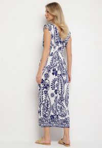 Born2be - Niebieska Sukienka z Roślinnym Wzorem i Kopertowym Dekoltem z Gumką w Talii Orrune. Okazja: na co dzień, do pracy, na spotkanie biznesowe. Typ kołnierza: dekolt kopertowy. Kolor: niebieski. Materiał: jeans. Sezon: lato. Typ sukienki: kopertowe. Styl: biznesowy, klasyczny, casual #3