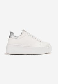 Born2be - Biało-Srebrne Sneakersy na Platformie Rilame. Nosek buta: okrągły. Zapięcie: sznurówki. Kolor: biały. Materiał: materiał. Obcas: na platformie. Wysokość obcasa: niski #5