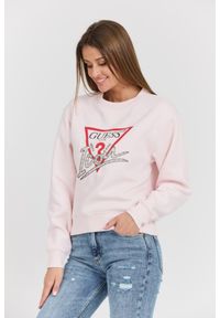Guess - GUESS Różowa damska bluza Icon z dużym logo, Rozmiar M. Okazja: na co dzień. Kolor: różowy. Materiał: materiał, poliester, bawełna. Styl: casual, elegancki