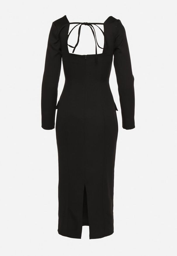Born2be - Czarna Elegancka Sukienka Ołówkowa z Wiązaniem i Imitacją Kieszeni Tillirisa. Okazja: na spotkanie biznesowe, na co dzień, na imprezę. Kolor: czarny. Długość rękawa: długi rękaw. Typ sukienki: ołówkowe. Styl: elegancki