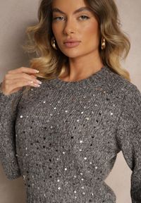 Renee - Ciemnoszary Casualowy Sweter z Bawełną i Cekinami Savintha. Okazja: na co dzień. Kolor: szary. Materiał: bawełna. Wzór: aplikacja. Styl: casual #3