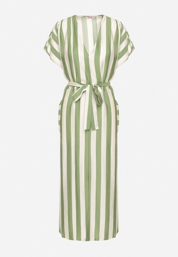 Born2be - Zielona Sukienka z Wiskozą i Paskiem w Paski Nerire. Okazja: na co dzień. Kolor: zielony. Materiał: wiskoza. Wzór: paski. Styl: elegancki, casual, klasyczny