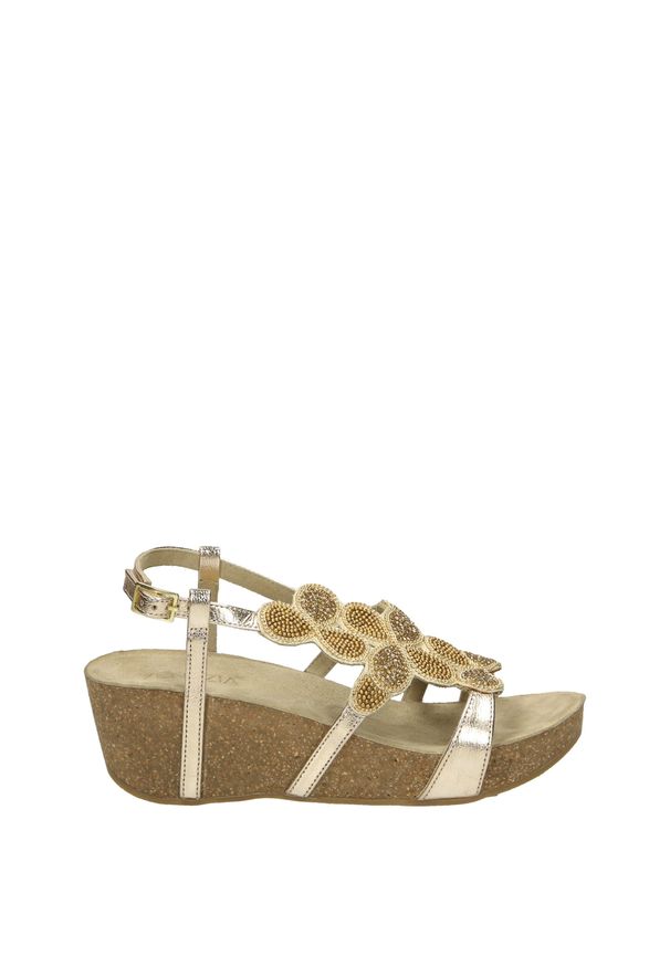 Venezia - ZŁOTE SANDAŁY NA KOTURNIE 19931 NAPPA PLAT. Kolor: złoty. Materiał: skóra, syntetyk, zamsz. Obcas: na koturnie