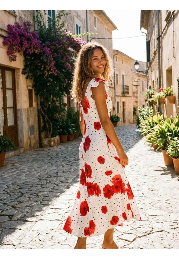 Sinsay - Sukienka midi w grochy z motywem maków - wielobarwny. Wzór: grochy. Długość: midi