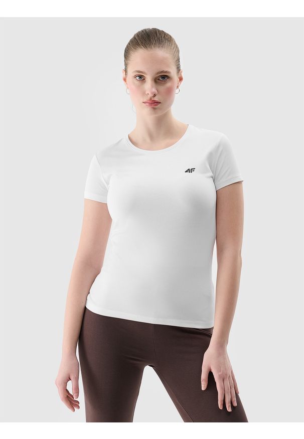 4f - 4F T-shirt slim gładki damski - biały S. Okazja: na co dzień. Kolor: biały. Materiał: jersey, materiał, bawełna, elastan, dzianina. Wzór: gładki. Styl: sportowy, casual