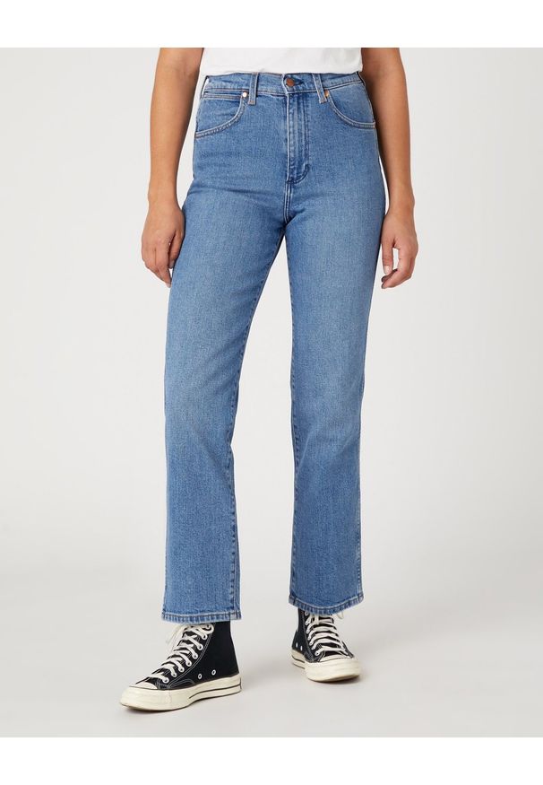 Wrangler - Spodnie jeansowe damskie WRANGLER WILD WEST MID BLUE. Okazja: do pracy, na spacer, na co dzień. Kolor: niebieski. Materiał: jeans. Styl: casual