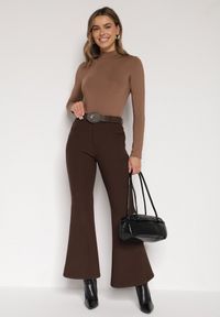 Born2be - Brązowe Spodnie Dzwony z Bawełny i Wiskozy z Kowbojskim Paskiem Tushella. Kolor: brązowy. Materiał: bawełna, wiskoza. Styl: klasyczny, elegancki #4