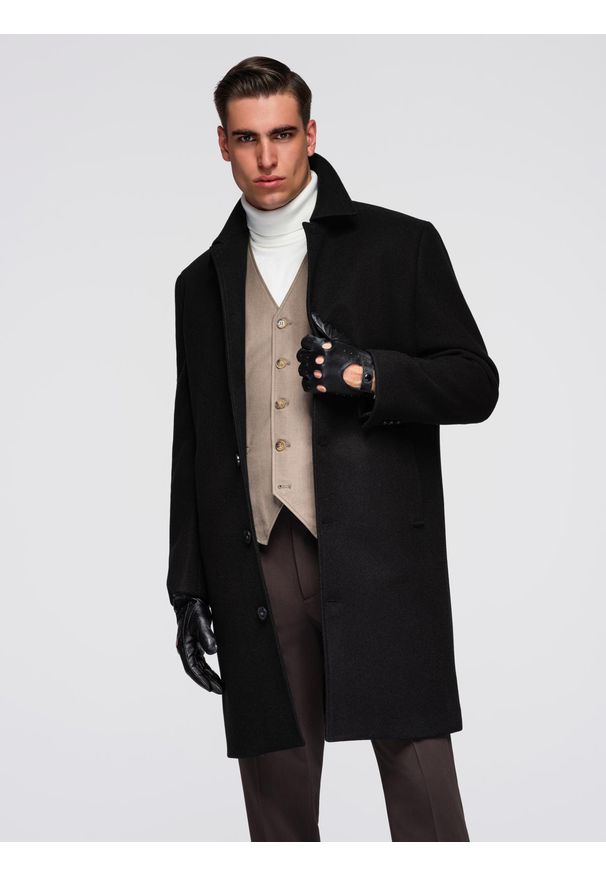 Ombre Clothing - Męski długi jednorzędowy płaszcz z kołnierzykiem i podpinką – czarny V1 - Rozmiar: L. Okazja: na co dzień. Typ kołnierza: kołnierzyk koszulowy, komin. Kolor: czarny. Materiał: materiał, syntetyk. Długość: długie. Wzór: jednolity. Styl: elegancki, casual, wizytowy