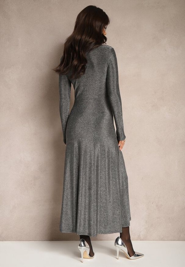Renee - Srebrna Elegancka Sukienka z Wiskozą i Brokatem Werista. Kolor: srebrny. Materiał: wiskoza. Wzór: aplikacja. Styl: elegancki