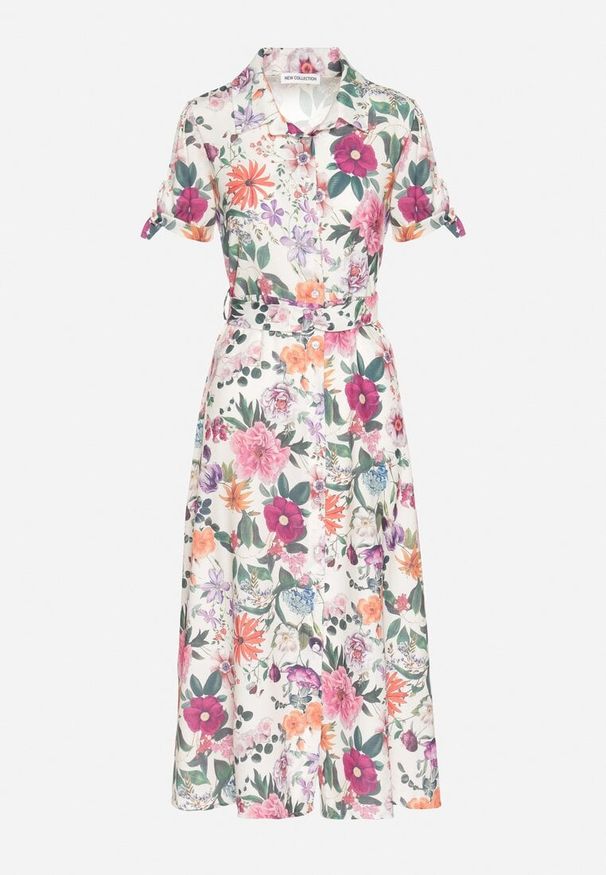 Born2be - Jasnobeżowa Rozkloszowana Sukienka o Koszulowym Kroju z Paskiem w Kwiatowy Wzór Fevelorine. Okazja: na co dzień. Kolor: beżowy. Wzór: kwiaty. Typ sukienki: koszulowe. Styl: casual