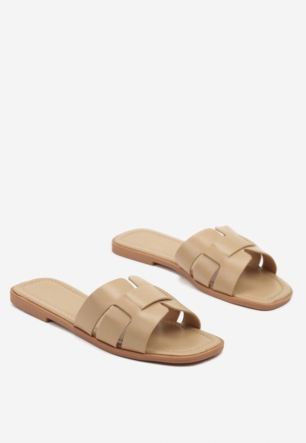 Renee - Ciemnobeżowe Klapki z Geometryczną Cholewką Pollevela. Okazja: na co dzień. Kolor: beżowy. Wzór: geometria. Styl: casual