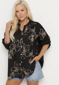 Born2be - Czarna Koszula z Bawełną w Haftowane Kwiaty Tolarea. Okazja: na co dzień. Kolor: czarny. Materiał: bawełna. Wzór: kwiaty, haft. Styl: elegancki, casual